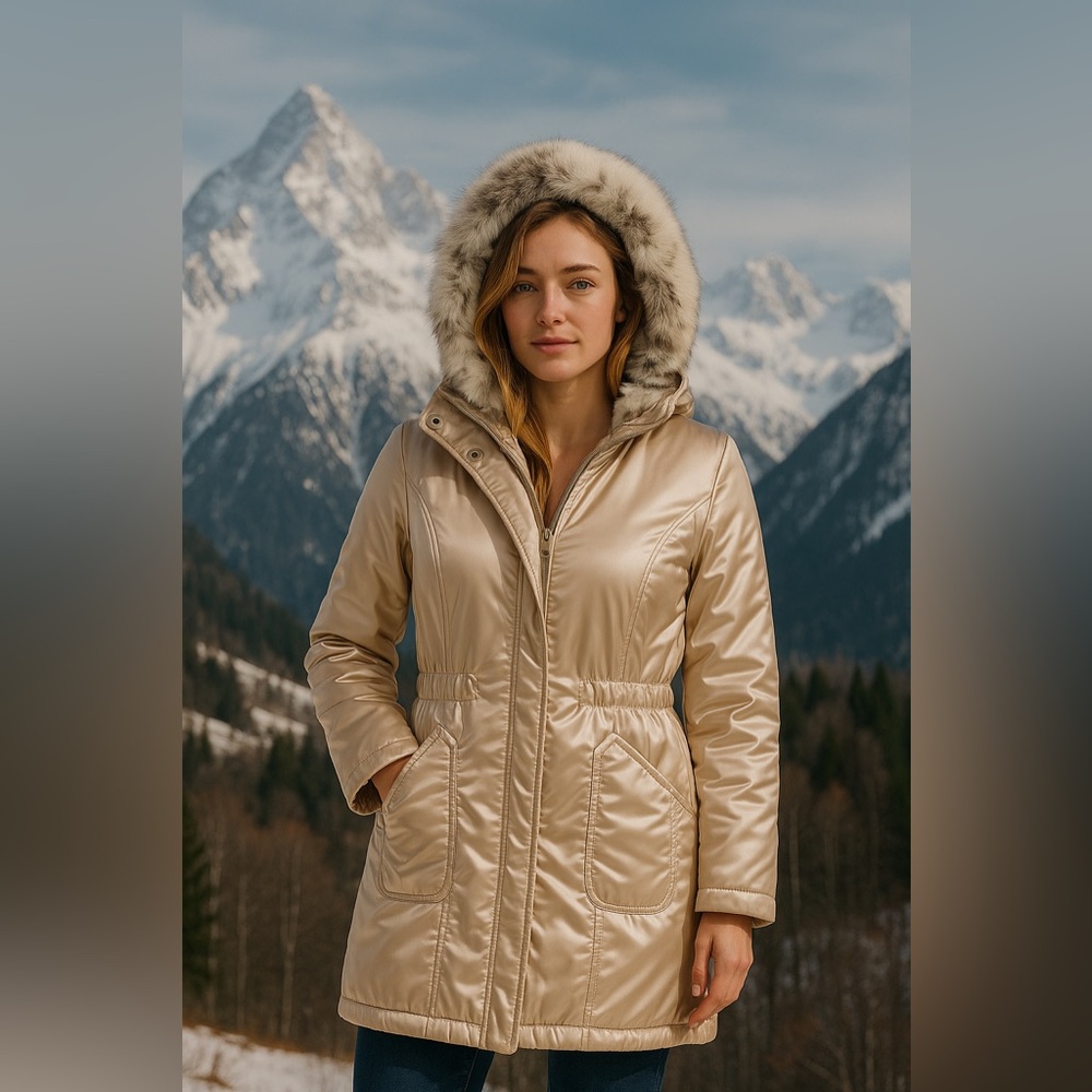 The Day Girls Women's Size Sm Rabbit Fur Lined Hooded Parka Champagne Color